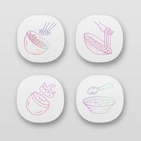 Nutritious food app icons set. Rice, stuffed tomato, soup. Cafe, restaurant snack, appetizer. First, second course. UI UX user interface. Web or mobile applications. Vector isolated illustrations