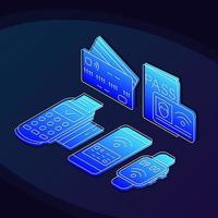 NFC technology isometric color vector illustration. Cashless payments linear icons infographic. Contactless transactions 3d concept. Near field communication. Gradient isolated design elements