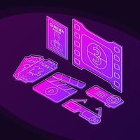 Cinema isometric color vector illustration. Movie theater linear icons infographic. Cinematography, video production, filmmaking 3d concept. Watching film gradient isolated design elements