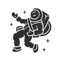 Astronaut glyph icon. Spaceman. Space explorer. Cosmonaut in outer space. Crew member of spacecraft. Man in space suit. Cosmic mission. Silhouette symbol. Negative space. Vector isolated illustration