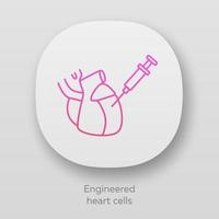 icono de la aplicación de células cardíacas diseñadas. Tejidos cardíacos de ingeniería humana. hectáreas inyección de corazón biotecnología. interfaz de usuario ui ux. aplicaciones web o móviles. Ilustraciones de vectores aislados