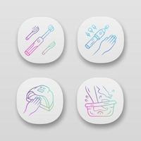 Beauty devices app icons set. Electric toothbrush and foot spa bath massager. Electric manicure and nail dryer. UI UX user interface. Web or mobile applications. Vector isolated illustrations