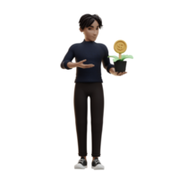 Male character holding pot with a dollar coin, 3d Illustration png