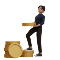 Male character holding coin profit, 3d Illustration png