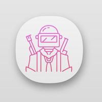 Game soldier app icon. Player with weapon in safety gear. Virtual game inventory. Player in protective helmet with guns. UI UX user interface. Web or mobile application. Vector isolated illustration