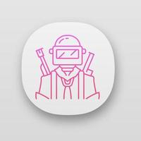 icono de la aplicación de soldado del juego. jugador con arma en equipo de seguridad. inventario de juegos virtuales. jugador en casco protector con armas. interfaz de usuario ui ux. aplicación web o móvil. ilustración vectorial aislada vector