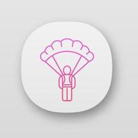 Parachute skydiver app icon. Game equipment. Parachuting, skydiving. Game player, warrior, soldier with parachute. UI UX user interface. Web or mobile application. Vector isolated illustration