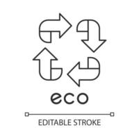 Eco label linear icon. Four angled arrow signs. Recycle symbol. Alternative energy. Environmental protection sticker. Thin line illustration. Contour symbol. Vector isolated drawing. Editable stroke