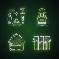 Online game inventory neon light icons set. Shooter from first person. Tactical backpack, protective helmet, container, package. Battle equipment, items. Glowing signs. Vector isolated illustrations