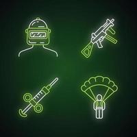 Online game inventory neon light icons set. Esports, cybersports. Computer game equipment. Safety helmet, weapon, gun, parachute, adrenaline syringe. Glowing signs. Vector isolated illustrations
