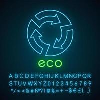 Eco label neon light icon. Circle with cut arrows inside sign. Recycle symbol. Environmental protection sticker. Glowing sign with alphabet, numbers and symbols. Vector isolated illustration