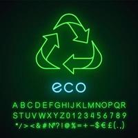 Eco label neon light icon. Three angled arrow signs. Recycle symbol. Alternative energy. Environmental protection sticker. Glowing sign with alphabet, numbers and symbols. Vector isolated illustration