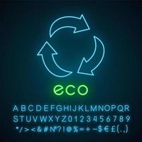 Eco label neon light icon. Three curved arrow signs. Recycle symbol. Environmental protection sticker. Alternative energy. Glowing sign with alphabet, numbers and symbols. Vector isolated illustration