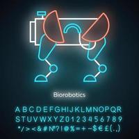 icono de luz de neón de biorobótica. robot parecido a un perro. tecnología de innovación robótica. copiar los movimientos del cuerpo. bioingeniería signo brillante con alfabeto, números y símbolos. ilustración vectorial aislada vector