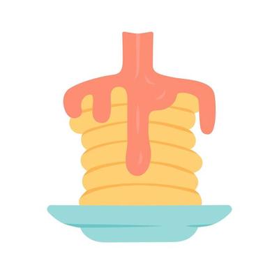 Pancakes with syrup flat design long shadow color icon. Traditional american breakfast. Homemade dessert. Sweet tasty pancake stack with honey. Restaurant, cafe menu. Vector silhouette illustration