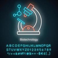 Biotechnology neon light icon. Biotech. Molecular biology. Microscope and molecule. Laboratory research. Biochemistry. Glowing sign with alphabet, numbers and symbols. Vector isolated illustration