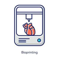 Bioprinting white color icon. Artificial heart 3d printing. Living organs producing. Biomedical parts fabricate. Medical technologies. Bioengineering. Isolated vector illustration