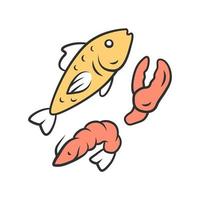 Seafood color icon. Omega 3 source products. Gourmet meal, healthy food restaurant. Boiled prawn, fresh salmon dish ingredients. Fish, shrimp and lobster claw isolated vector illustration