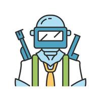 Game soldier color icon. Player with weapon in safety gear. Virtual game inventory. Shooter from first person. Player in protective helmet with guns. Isolated vector illustration