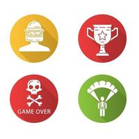 Online game inventory flat design long shadow glyph icons set. Virtual shooter equipment. Player, warrior in helmet, trophy cup, game over, parachute. Vector silhouette illustration