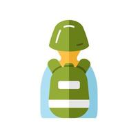 Game soldier with tactical backpack flat design long shadow color icon. Player with game inventory back view. Warrior, soldier in helmet and rucksack. Cybersport. Vector silhouette illustration