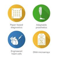 conjunto de iconos de glifo de sombra larga de diseño plano de bioingeniería. tecnologías médicas. diagnósticos en papel, prótesis adaptables, células cardíacas modificadas, micromatrices de adn. ilustración de silueta vectorial vector