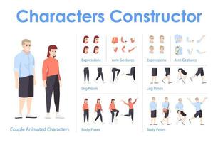 Young couple front view animated flat vector characters design set. Man and woman constructor with various face emotion, body poses, hand gestures, legs kit