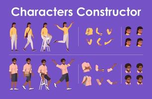Dark skin people front view animated flat vector characters design set. Character animation creation cartoon pack. Man, woman constructor with various face emotion, body poses, hand gestures kit