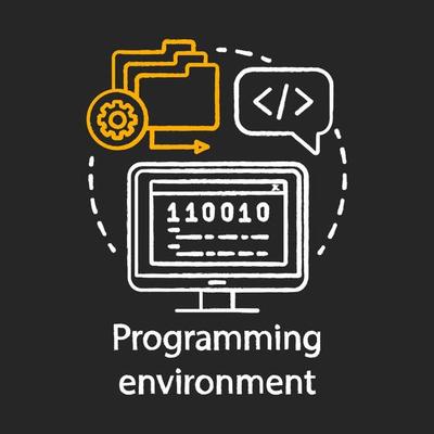 Programming environment, language chalk concept icon. Software engineering, app development idea thin line chalkboard illustration. IT industry, script writing. Vector isolated outline drawing