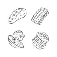 Meat dishes linear icons set. Steak, beef ribs, chicken legs, burger. Butcher shop product. Steakhouse menu. Thin line contour symbols. Isolated vector outline illustrations. Editable stroke