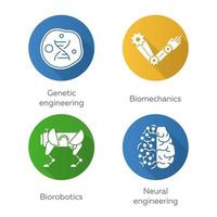 Bioengineering flat design long shadow glyph icons set. Genetic engineering, biomechanics, biorobotics, neural engineering. Biotechnology. Vector silhouette illustration