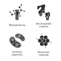 Bioengineering glyph icons set. Biotechnology for health, evolutionary researching, new materials creating. Biochemistry, GMO, implantation. Silhouette symbols. Vector isolated illustration