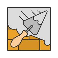 Brick wall with triangular shovel color icon. Cement solution. Putty knife, spatula. Isolated vector illustration