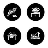 Construction tools glyph icons set. Carpentry. Chainsaw, circular saws, jack plane. Vector white silhouettes illustrations in black circles