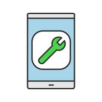 Smartphone settings color icon. Phone display with spanner. Isolated vector illustration