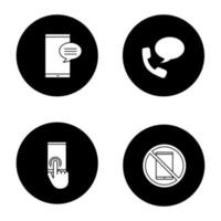 Phone communication glyph icons set. Chatting, voice message, touchscreen, smartphone prohibition. Vector white silhouettes illustrations in black circles