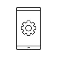 Smartphone settings linear icon. Thin line illustration. Phone display with cogwheel. Contour symbol. Vector isolated outline drawing