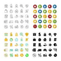 Percents icons set. Discount offers, real estate mortgages, banking, saving money. Linear, flat design, color and glyph styles. isolated vector illustrations