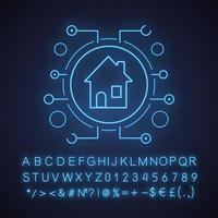 Smart house neon light icon. Smart home in microchip pathways. Glowing sign with alphabet, numbers and symbols. Vector isolated illustration