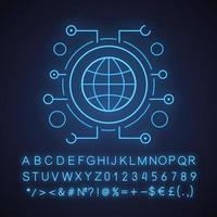 Global network neon light icon. Globe in microchip pathways. Glowing sign with alphabet, numbers and symbols. Vector isolated illustration