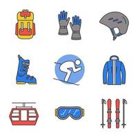 conjunto de iconos de colores de actividades de invierno. mochila, guantes, gafas, casco, botas de esquí, tablas y bastones, esquiador, chaqueta, funicular. ilustraciones de vectores aislados