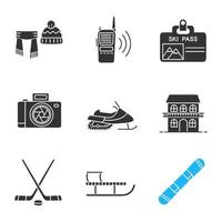 Winter activities glyph icons set. Hat and scarf, walkie talkie, ski pass, photo camera, snowmobile, cottage, ice hockey gear, sled, snowboard. Silhouette symbols. Vector isolated illustration