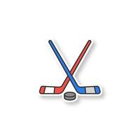 Crossed hockey sticks with puck patch. Ice hockey equipment. Color sticker. Vector isolated illustration