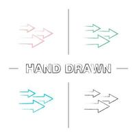 Speed arrows hand drawn icons set. Fast motion. Color brush stroke. Isolated vector sketchy illustrations