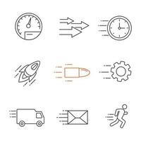 Motion linear icons set. Speed. Flying clock, startup, bullet, cogwheel, van, mailing, running man, speedometer, arrows. Thin line contour symbols. Isolated vector outline illustrations