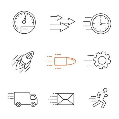 Motion linear icons set. Speed. Flying clock, startup, bullet, cogwheel,  van, mailing, running man, speedometer, arrows. Thin line contour symbols. Isolated  vector outline illustrations 9343264 Vector Art at Vecteezy