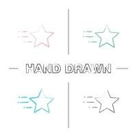 Flying star hand drawn icons set. Popularity growth and rating. Color brush stroke. Isolated vector sketchy illustrations