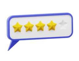 Speech bubble with glossy yellow stars. Review rating bubble. Customer reviews five stars rate 3d png