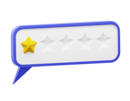 bolha do discurso com estrelas amarelas brilhantes. bolha de avaliação de revisão. avaliações de clientes taxa de cinco estrelas 3d png