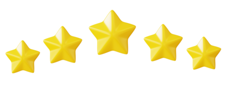 cinq étoiles d'affilée. couleur jaune brillant. concept de rétroaction d'évaluation des clients du client sur l'employé du site Web. rendu 3d abstrait. png